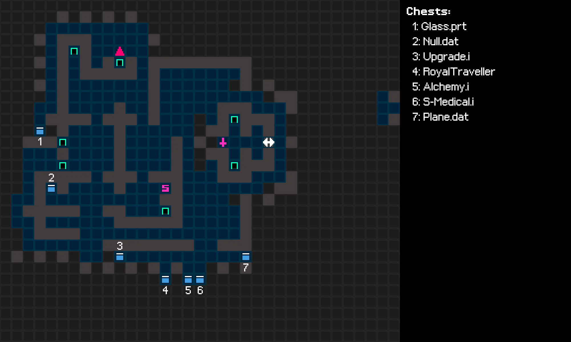 The Backstage of the fifth basement floor of Lethe, annotated with chests.