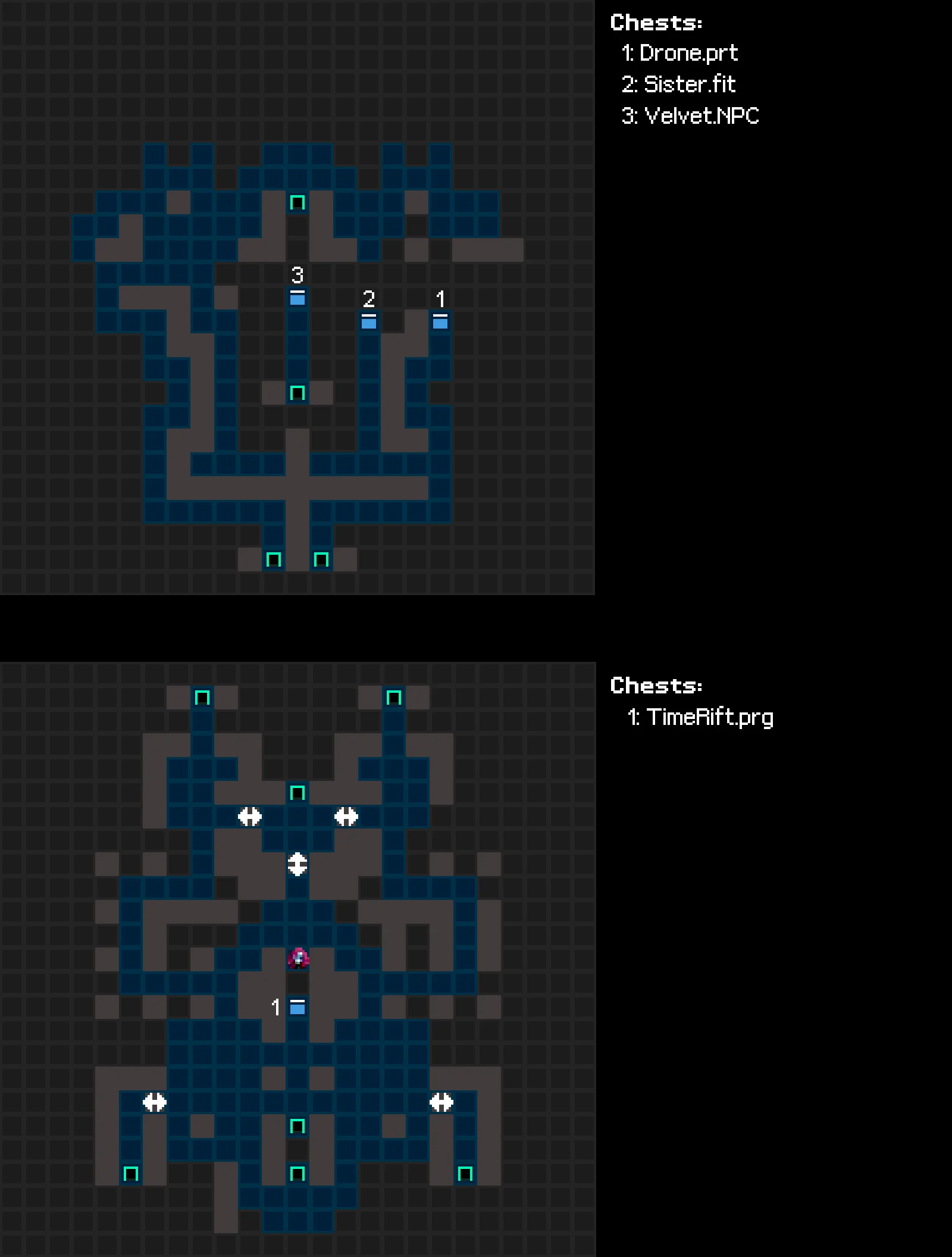 The Backstage of the sixth basement floor of Lethe, annotated with chests.